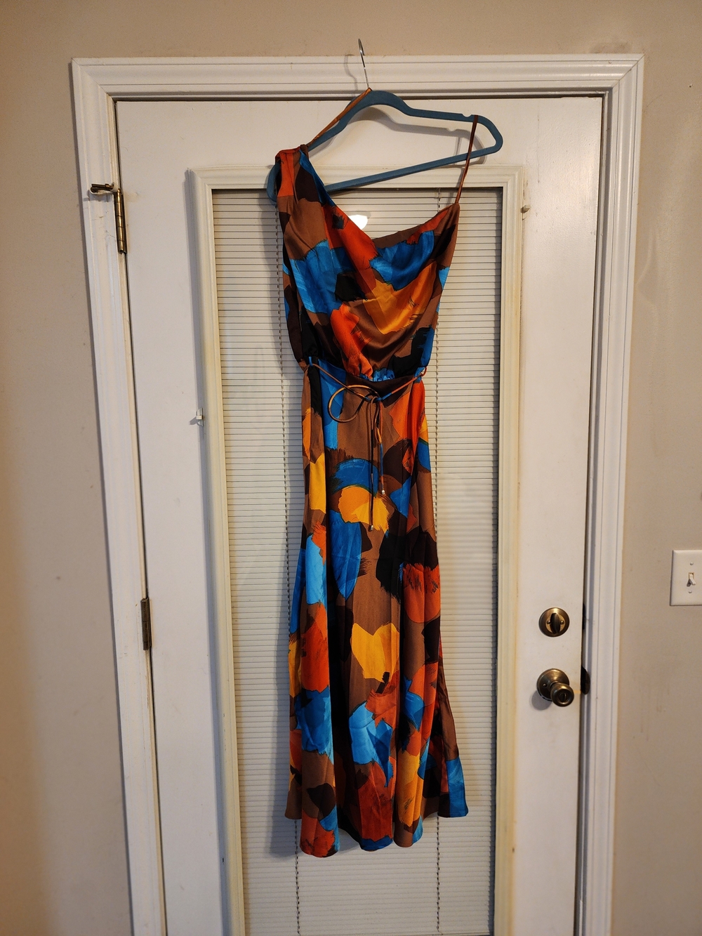 Floral-Print Midi Slip Dress in Blue, Orange & Brown